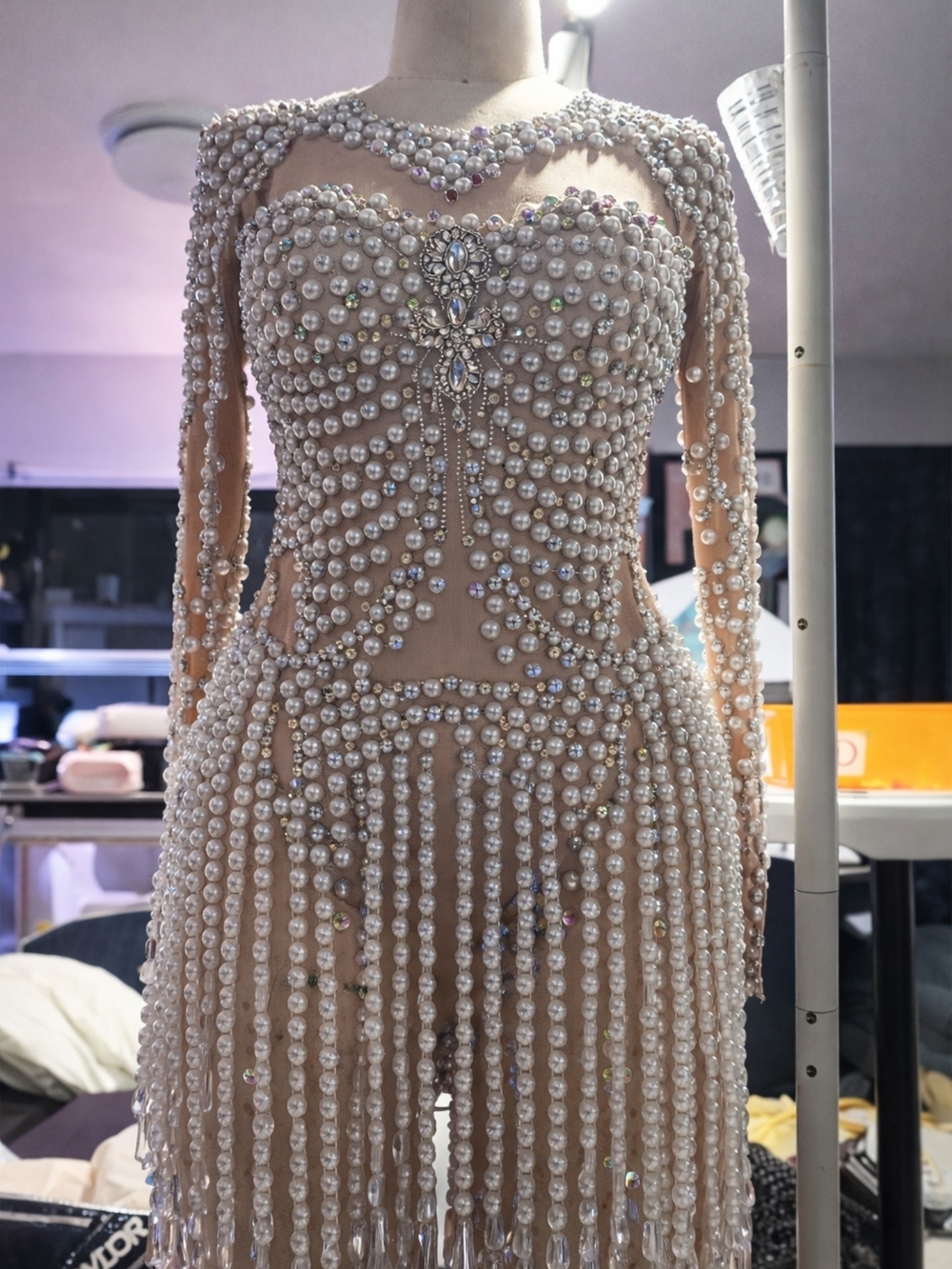 Nude Pearl And Glass Crystals -Embellished  Fringe Leotard Dress